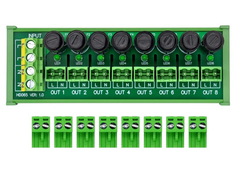 HCDC DIN Rail Mount AC 24-250V 8 Channel Pluggable Top Wiring Terminal Block Power Distribution Fuse Module, HD065VT - Image 1
